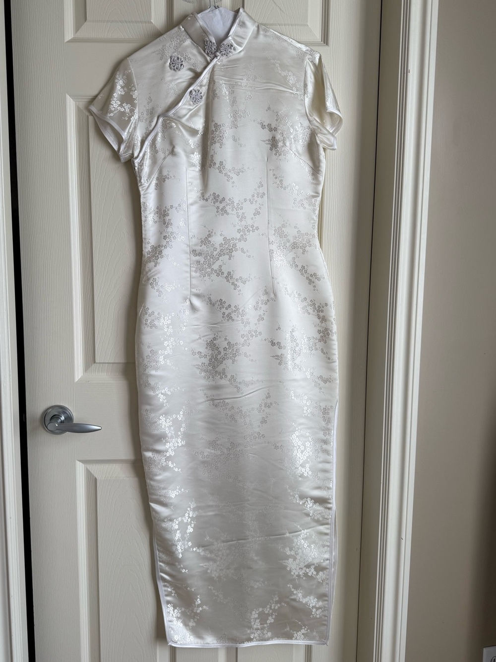White Satin Cheongsam Dress Floral Brocade Mandarin Collar Midi Dress